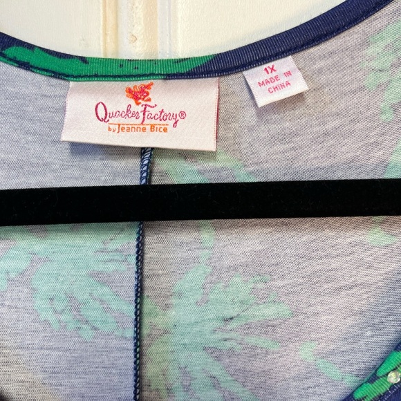 Quacker Factory Blue Dress with Green Palm Print - Picture 3 of 6